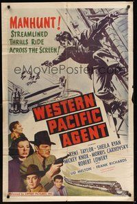 7d959 WESTERN PACIFIC AGENT 1sh '50 Kent Taylor on a manhunt for shooter on top of bridge!