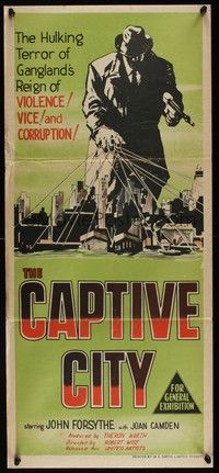 7e421 CAPTIVE CITY Aust daybill '52 cool art of John Forsythe looming over city, film noir!