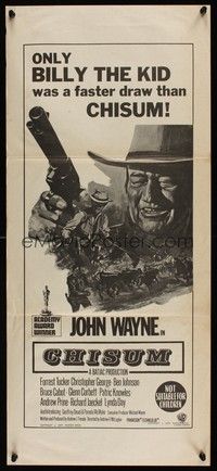 7e431 CHISUM Aust daybill '70 only Billy the Kid draws faster than big John Wayne, cool art!