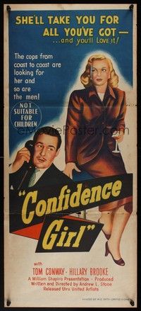 7e436 CONFIDENCE GIRL Aust daybill '52 Hillary Brooke wants to take Tom Conway for all he's got!