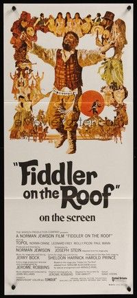 7e487 FIDDLER ON THE ROOF Aust daybill '71 cool artwork of Topol & cast by Ted CoConis!