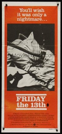 7e501 FRIDAY THE 13th Aust daybill '80 Joann art of axe in pillow, wish it was a nightmare!