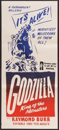 7e511 GODZILLA KING OF THE MONSTERS Aust daybill '56 Gojira, cool different artwork, it's alive!