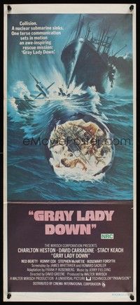 7e518 GRAY LADY DOWN Aust daybill '78 Charlton Heston, David Carradine, cool submarine artwork!