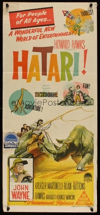 7e523 HATARI Aust daybill '62 Howard Hawks, artwork of John Wayne in Africa!