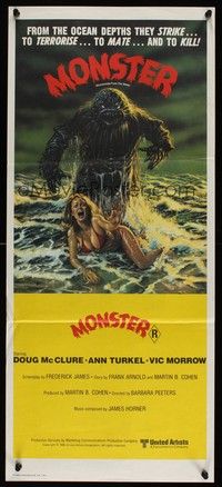 7e535 HUMANOIDS FROM THE DEEP Aust daybill '80 art of monster looming over sexy girl on beach!