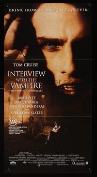 7e545 INTERVIEW WITH THE VAMPIRE Aust daybill '94 close up of fanged Tom Cruise, Anne Rice!