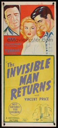 7e546 UNIVERSAL stock Aust daybill 1950s Vincent Price, Cedric Hardwicke, Invisible Man Returns!