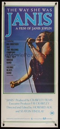 7e549 JANIS Aust daybill '75 great image of Joplin singing into microphone by Jim Marshall!