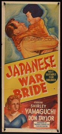 7e550 JAPANESE WAR BRIDE Aust daybill '52 romantic art of soldier Don Taylor & Shirley Yamaguchi!