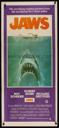 7e551 JAWS Aust daybill '75 Steven Spielberg's classic man-eating shark attacking sexy swimmer!