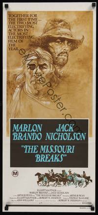 7e601 MISSOURI BREAKS Aust daybill '76 art of Marlon Brando & Jack Nicholson by Bob Peak!