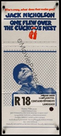 7e628 ONE FLEW OVER THE CUCKOO'S NEST Aust daybill '75 great c/u of Jack Nicholson, Forman classic!