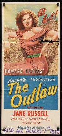 7e631 OUTLAW Aust daybill '47 stone litho artwork of sexy Jane Russell, Howard Hughes!