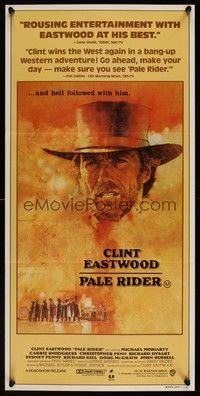 7e635 PALE RIDER Aust daybill '85 great artwork of cowboy Clint Eastwood by C. Michael Dudash!