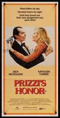 7e648 PRIZZI'S HONOR Aust daybill '85 wacky different art of Jack Nicholson & Kathleen Turner!