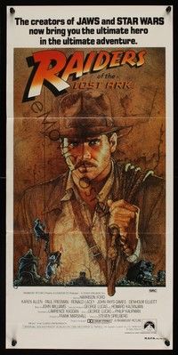 7e654 RAIDERS OF THE LOST ARK Aust daybill '81 great Richard Amsel artwork of Harrison Ford!