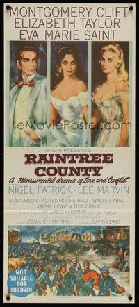 7e655 RAINTREE COUNTY Aust daybill '57 art of Montgomery Clift, Elizabeth Taylor & Eva Marie Saint