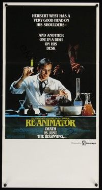 7e661 RE-ANIMATOR Aust daybill '85 great image of mad scientist Jeffrey Combs w/head in bowl!