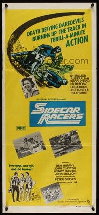 7e687 SIDECAR RACERS Aust daybill '75 motorcycle racing from Down Under, 2 guys, 1 girl, no brakes!