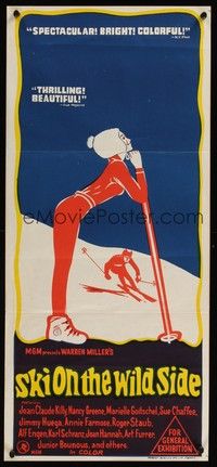 7e694 SKI ON THE WILD SIDE Aust daybill '67 Warren Miller, downhill skiing sports artwork!
