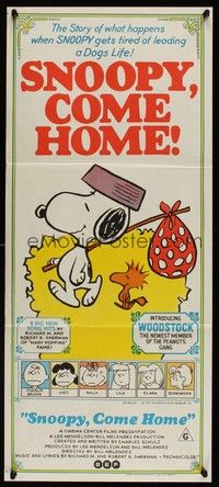 7e700 SNOOPY COME HOME Aust daybill '72 Peanuts, Charlie Brown, Schulz art of Snoopy & Woodstock!