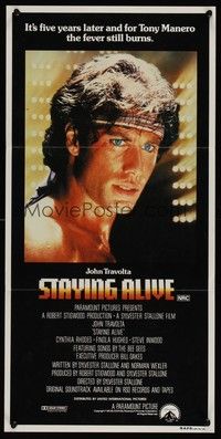 7e712 STAYING ALIVE Aust daybill '83 close-up of John Travolta in Saturday Night Fever sequel!