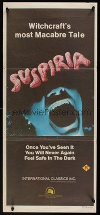 7e718 SUSPIRIA Aust daybill '77 classic Dario Argento horror, cool close up screaming mouth image!