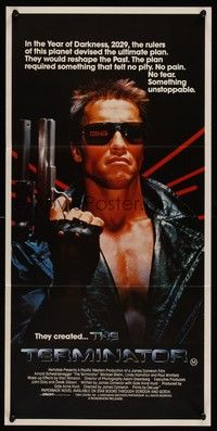 7e724 TERMINATOR Aust daybill '84 super close up of classic cyborg Arnold Schwarzenegger with gun!