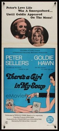 7e729 THERE'S A GIRL IN MY SOUP Aust daybill '71 Peter Sellers, Goldie Hawn, wacky different art!