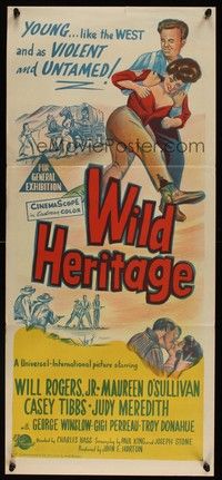 7e758 WILD HERITAGE Aust daybill '58 stone litho art of Will Rogers Jr. & Maureen O'Sullivan!