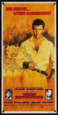 7e767 YEAR OF LIVING DANGEROUSLY Aust daybill '82 Peter Weir, great art of Mel Gibson by Stapleton