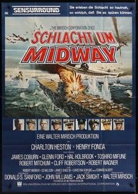 7e046 MIDWAY German 33x47 '76 Charlton Heston, Henry Fonda, dramatic naval battle art!