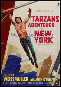 7e318 TARZAN'S NEW YORK ADVENTURE German R61 great art of Johnny Weissmuller swinging to flag pole