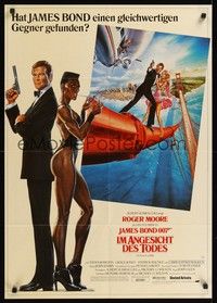 7e331 VIEW TO A KILL German '85 art of Roger Moore as James Bond 007 by Daniel Gouzee!