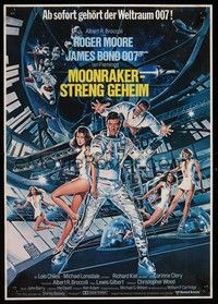 7e022 MOONRAKER German 12x19 '79 art of Roger Moore as James Bond & sexy space babes by Gouzee!