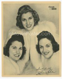 7f004 ANDREWS SISTERS 8x10 Decca Records still '40s LaVerne, Maxine & Patty wearing fur coats!