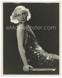 7f083 CAROLE LOMBARD 8x10 still '30s sexy seated portrait in shimmering gown on black background!