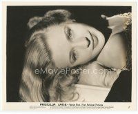 7f394 PRISCILLA LANE 8x10 still '30s super close up with head hanging over edge of a bed!
