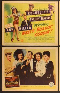 7g449 WHAT'S BUZZIN' COUSIN 8 LCs '43 sexy patriotic Ann Miller, Rochester & Freddy Martin!