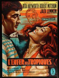 7h439 FIRE DOWN BELOW French 1p '57 different art of Hayworth, Mitchum & Lemmon by Jean Mascii!