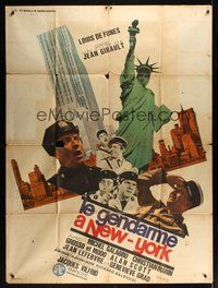 7h458 GENDARME IN NEW YORK photo style French 1p '65 Louis de Funes + Statue of Liberty!