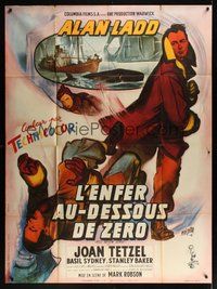 7h472 HELL BELOW ZERO style A French 1p '54 art of Alan Ladd in Antarctica by Rene Peron!