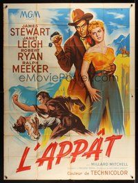 7h542 NAKED SPUR French 1p '53 different art of James Stewart & sexy Janet Leigh by Roger Soubie!