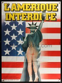 7h590 THIS IS AMERICA French 1p '82 wacky different art of half-naked Lady Liberty by Landi!
