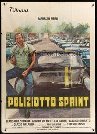 7h106 HIGHWAY RACER Italian 1p '77 different art of Maurizio Merli sitting in police parking lot!