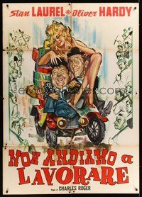7h130 NON ANDIAMO A LAVORARE Italian 1p '64 wacky art of Laurel & Hardy in tiny car w/ sexy girl!