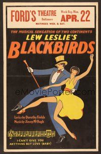 7h260 LEW LESLIE'S BLACKBIRDS WC '30 cool art of black man & woman dancers high stepping!
