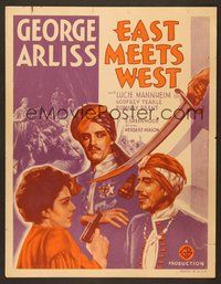 7h210 EAST MEETS WEST WC '36 great art of George Arliss & sexy Lucie Mannheim with gun!