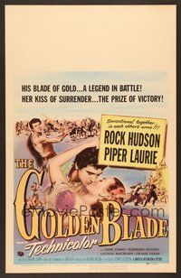 7h224 GOLDEN BLADE WC '53 romantic art of Rock Hudson kissing sexy Piper Laurie!